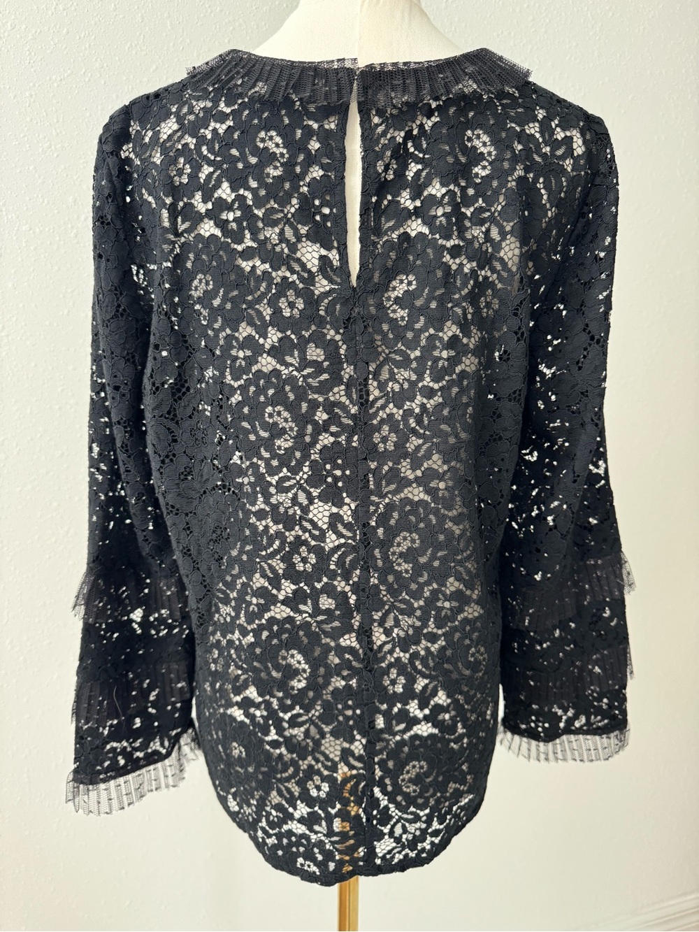 J.Crew Black Lace Blouse Sheer Floral Top Mesh Goth Boho Bell Sleeve Prom event - Picture 5 of 9